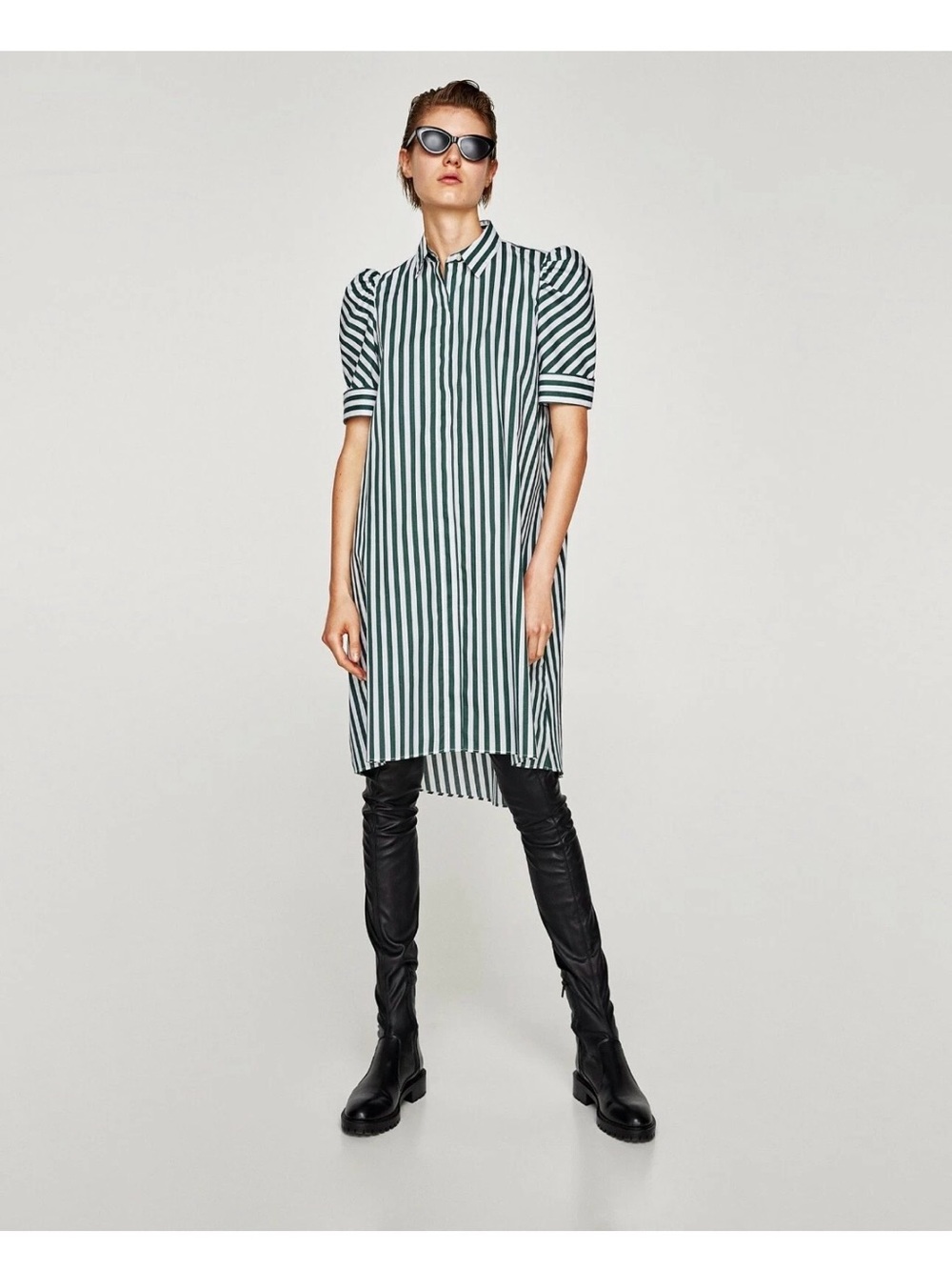 Zara Vertical Stripe Midi Shirt Dress in Green and White